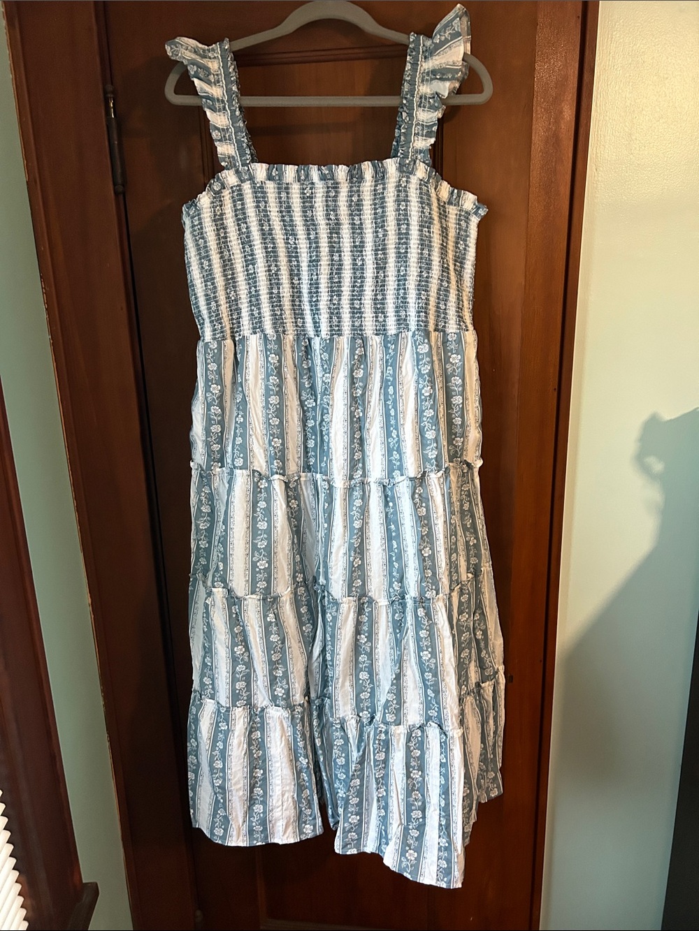 J. Crew Blue and White Striped Floral Smocked Sundress